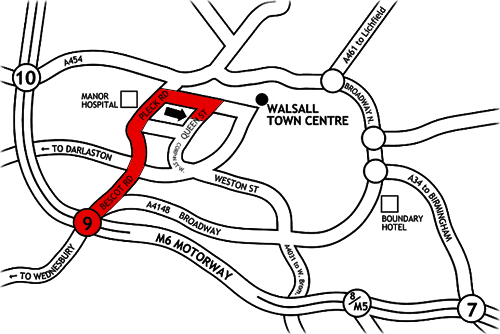 Location map from Junction 9 of the M6